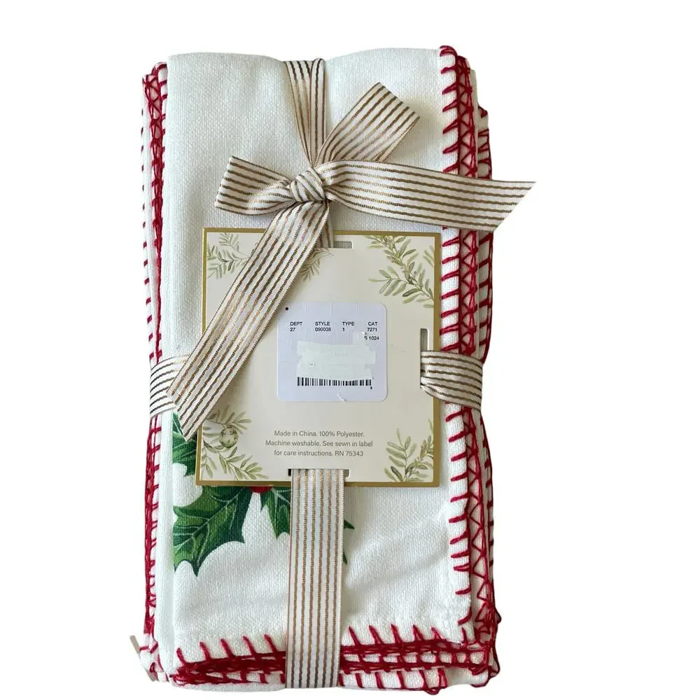 Lillian August Holly Berry Christmas Dinner Napkins Set of 8 Embroidered 18x18
